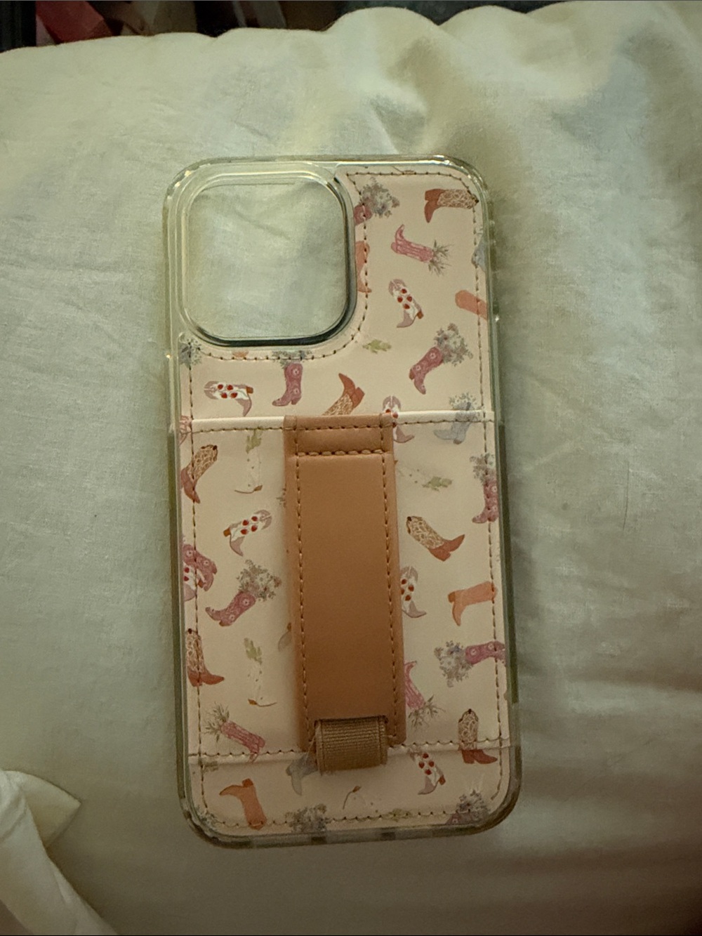 Pink Cowboy Boot Pattern Phone Case with Tan Strap Grip